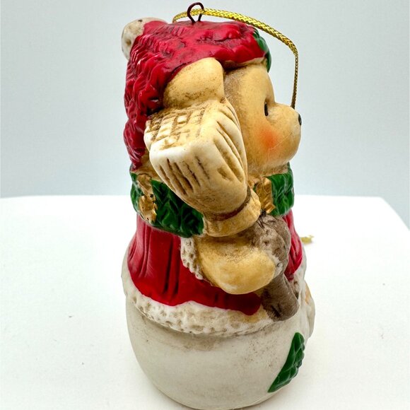 Vintage Bear Christmas Ornament With Red Hat & Sweater Green Scarf & Broom Featu - Picture 4 of 6